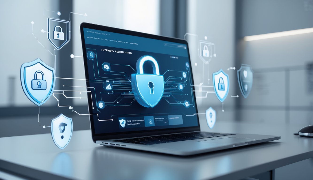 Sebuah ruang kerja modern dengan laptop yang menampilkan antarmuka digital yang aman, dikelilingi ikon kunci dan perisai yang menunjukkan sistem keamanan online.