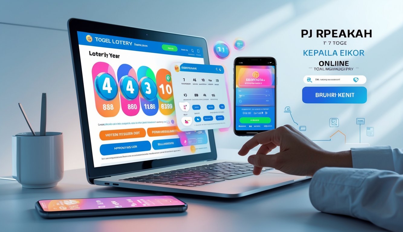 Seorang pengguna menggunakan laptop dan smartphone di meja kerja yang rapi untuk mengakses situs togel online dengan tampilan antarmuka angka dan grafik.