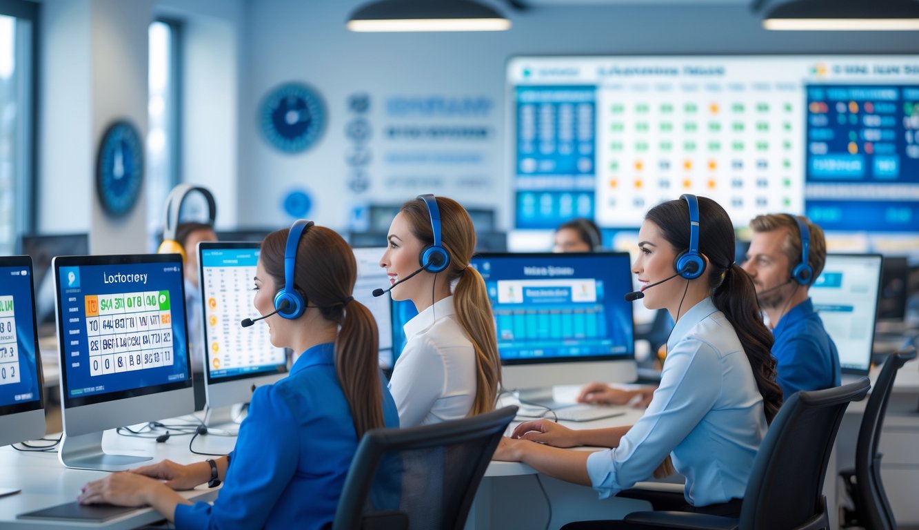 Tim layanan pelanggan sedang bekerja di kantor modern dengan komputer dan headset, membantu pelanggan secara online sepanjang waktu.