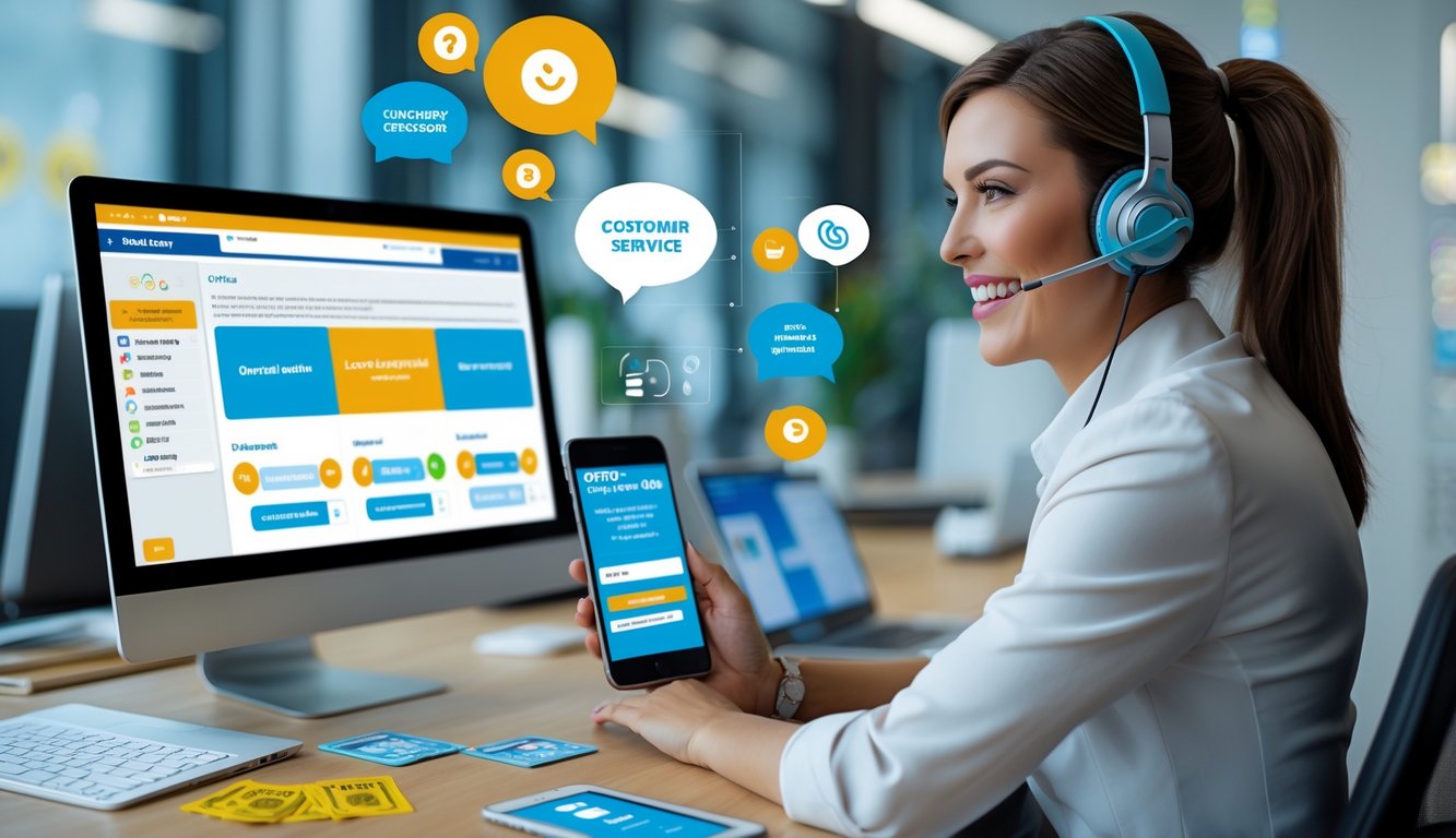 Seorang petugas layanan pelanggan menggunakan headset sedang berbicara dengan klien di kantor modern dengan komputer dan ponsel yang menampilkan situs lotere online.