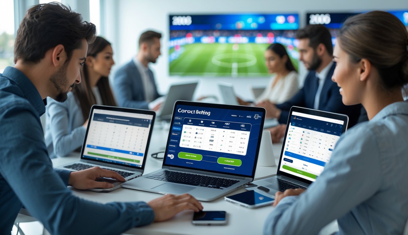 Orang-orang menggunakan perangkat digital untuk memasang taruhan skor benar dalam suasana kerja yang modern dan aman.