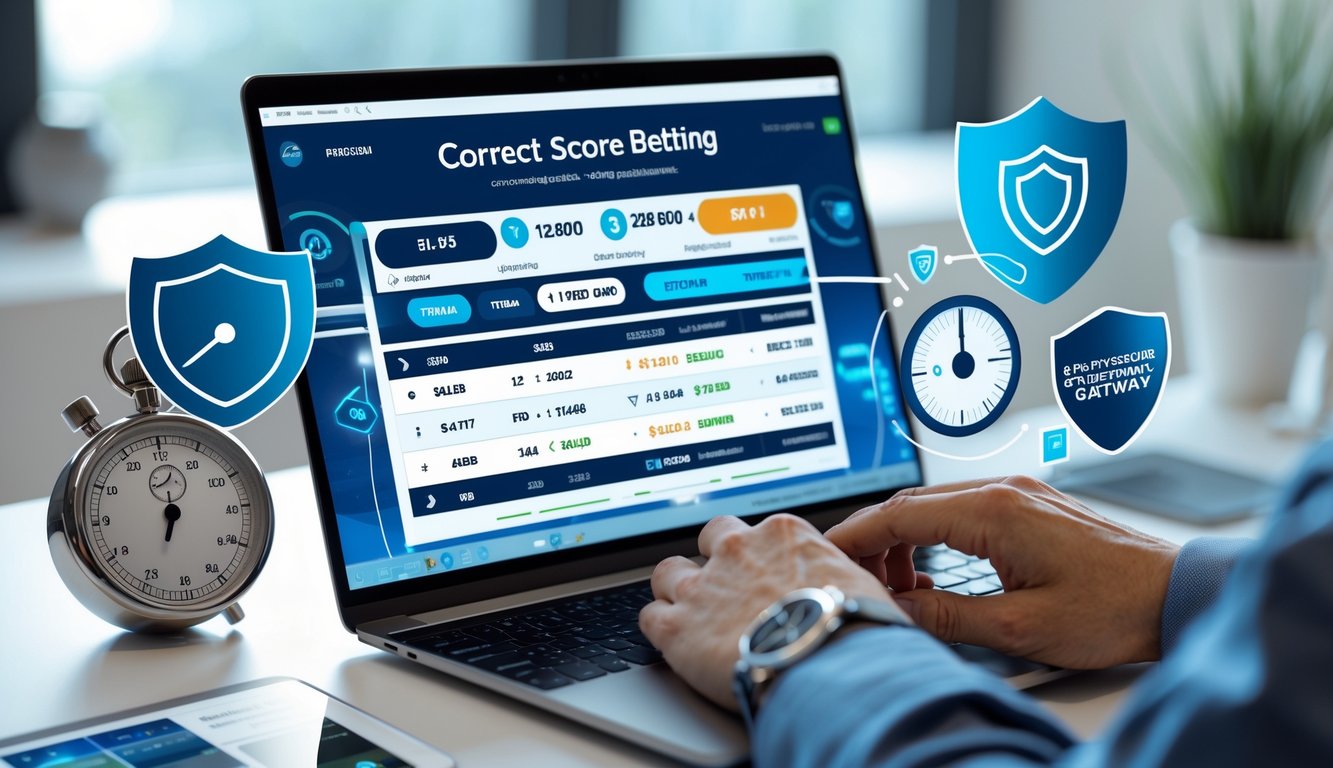 Seorang pria menggunakan laptop di meja kerja dengan tampilan layar taruhan skor pertandingan sepak bola secara online, dikelilingi ikon keamanan dan kecepatan.