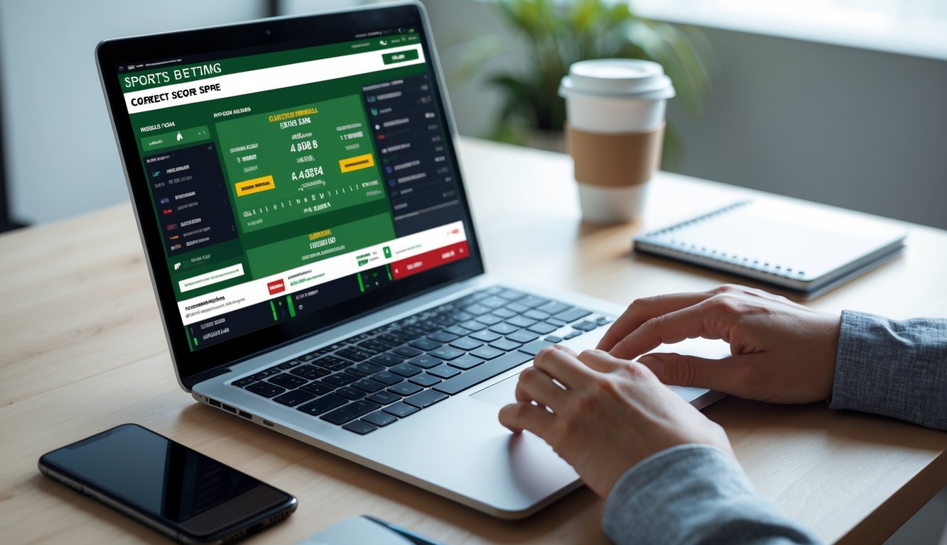 Seseorang menggunakan laptop di meja kerja dengan tampilan situs taruhan olahraga online, suasana terang dan rapi.