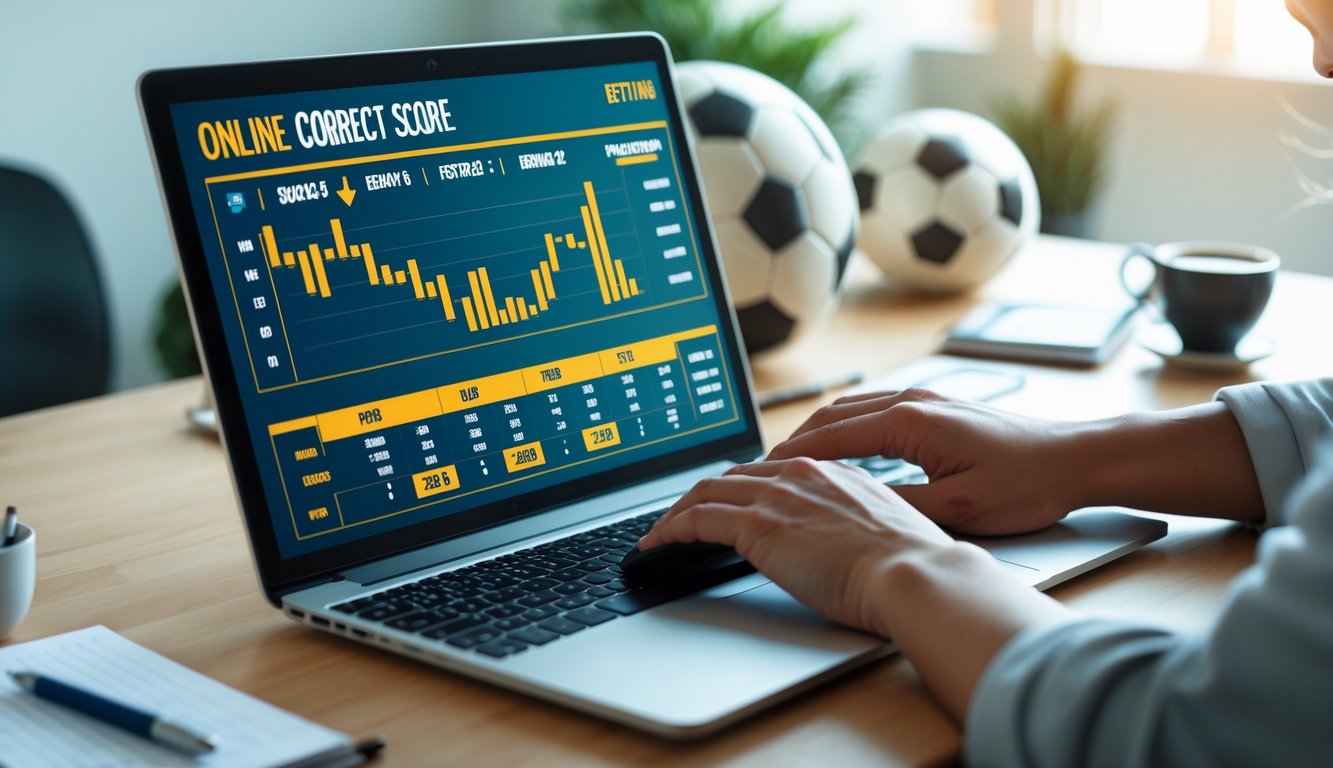 Sebuah meja kerja dengan laptop yang menampilkan skor pertandingan sepak bola dan statistik, tangan seseorang menggunakan mouse, serta bola sepak dan alat tulis di sekitar meja.