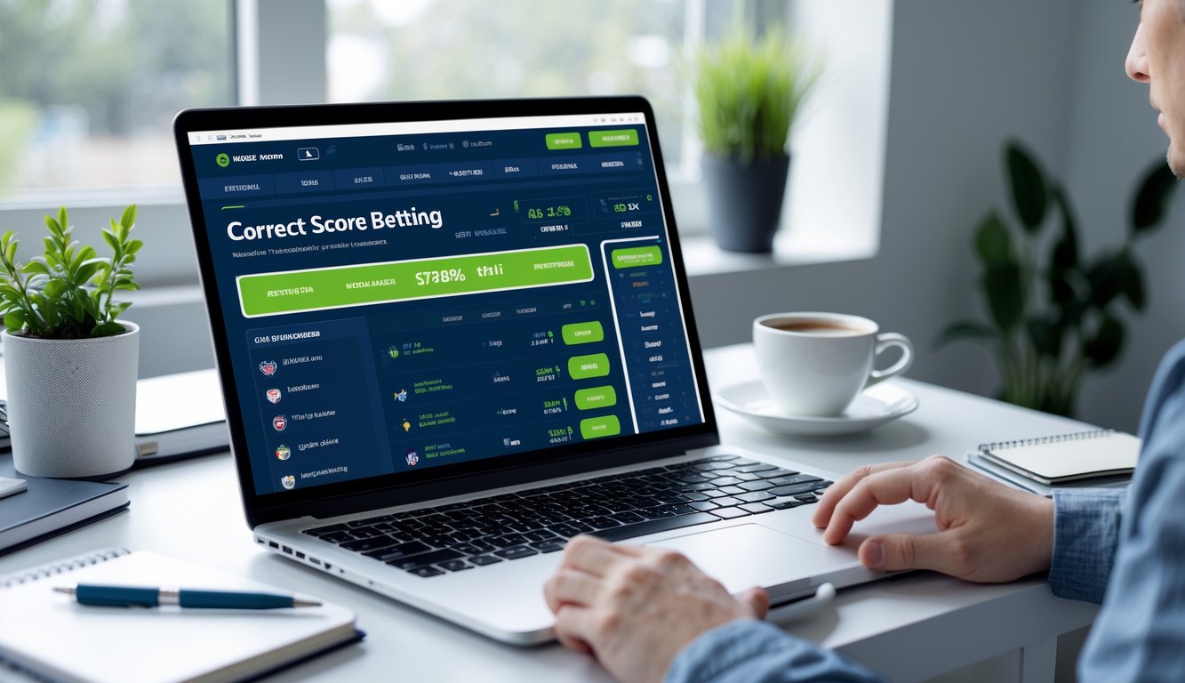 Seorang dewasa muda sedang menggunakan laptop di ruang kerja modern, menampilkan situs taruhan olahraga dengan skor pertandingan sepak bola dan opsi taruhan yang terlihat di layar.