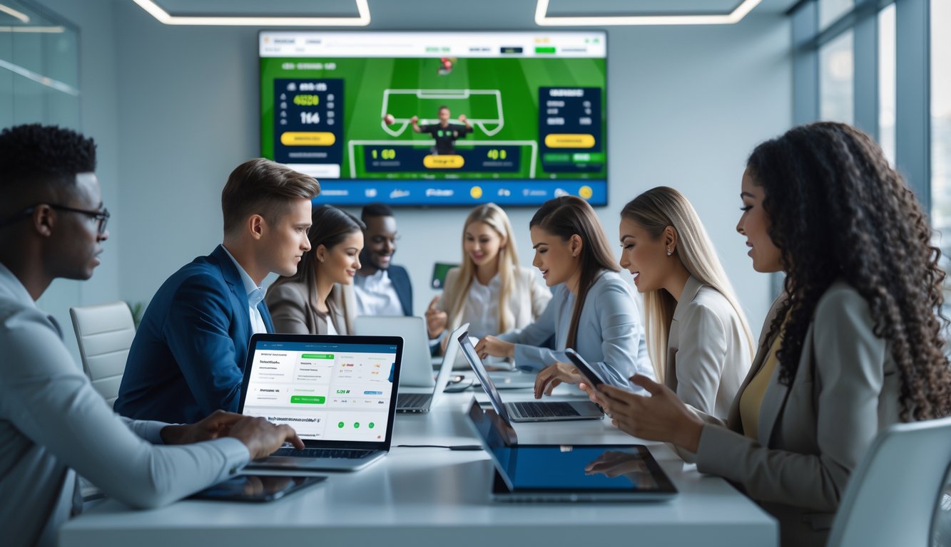 Beberapa orang muda menggunakan perangkat digital untuk memasang taruhan bola secara online di sebuah kantor modern.