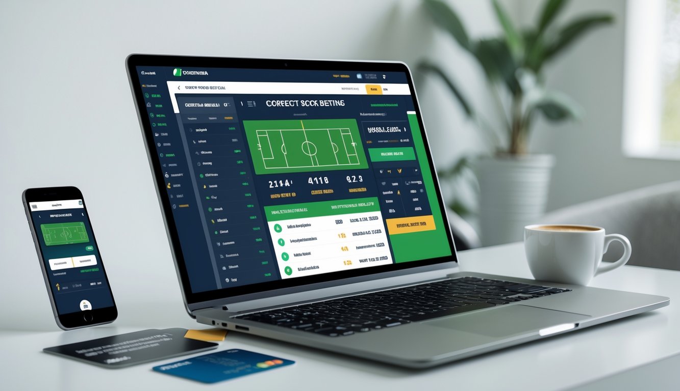 Seorang pria menggunakan laptop di meja kerja dengan tampilan situs taruhan bola online yang menampilkan skor pertandingan sepak bola dan pilihan taruhan.