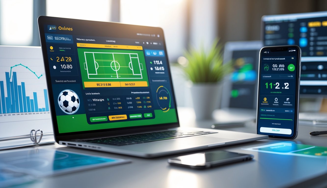 Sebuah meja kerja modern dengan laptop menampilkan skor pertandingan sepak bola dan aplikasi taruhan terbuka di smartphone di sampingnya.