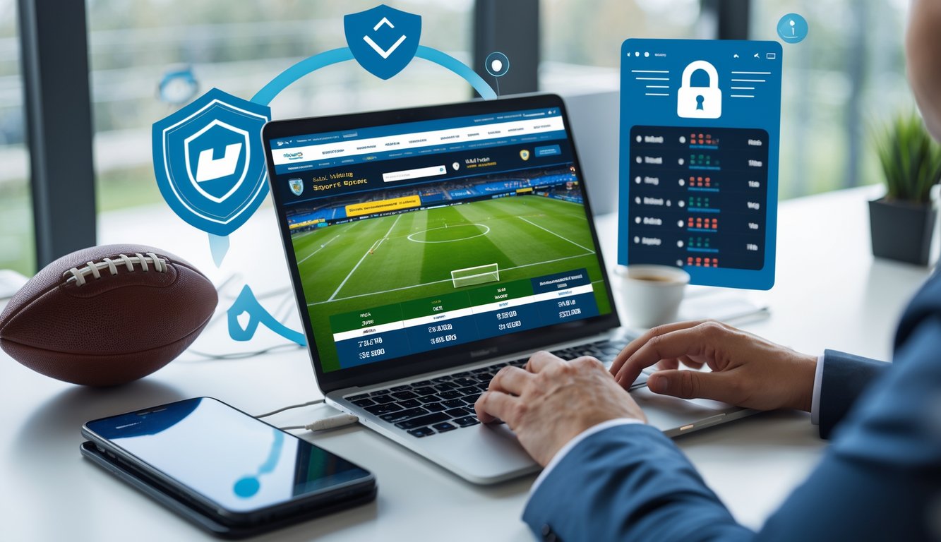 Seorang pengguna laptop melihat situs taruhan bola dengan skor pertandingan dan informasi taruhan yang jelas, dikelilingi simbol keamanan dan elemen sepak bola.