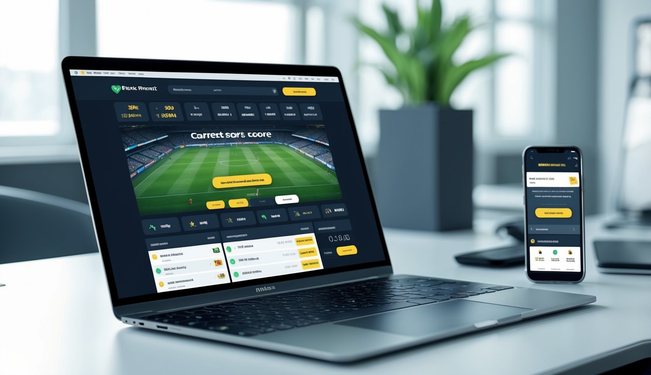 Seseorang menggunakan laptop dan ponsel untuk memasang taruhan bola dengan tampilan skor pertandingan di layar.