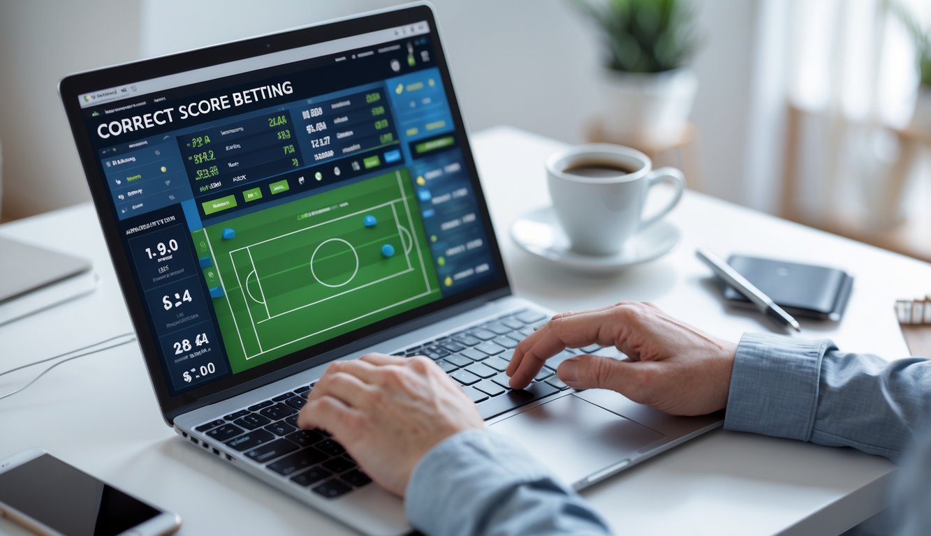 Seseorang menggunakan laptop untuk memasang taruhan bola secara online dengan tampilan skor pertandingan sepak bola di layar.
