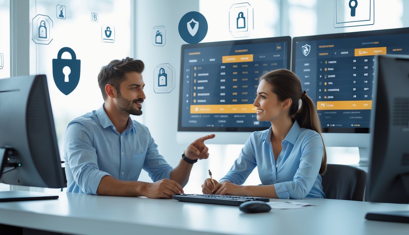 Dua orang dewasa duduk di depan komputer dengan layar menampilkan skor pertandingan sepak bola dan taruhan online, di ruang kantor yang terang dan modern.