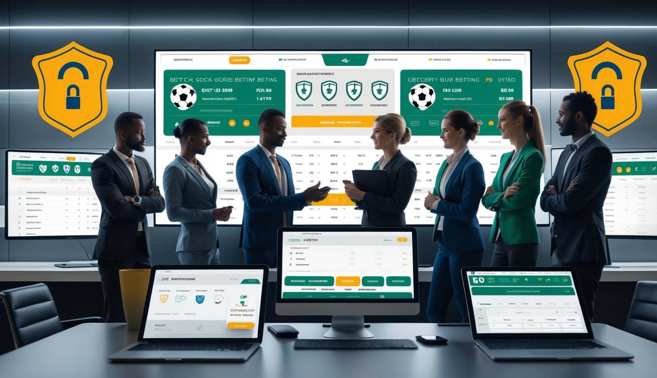 Sekelompok orang di kantor modern menggunakan layar digital untuk melihat data pertandingan sepak bola dan simbol keamanan.