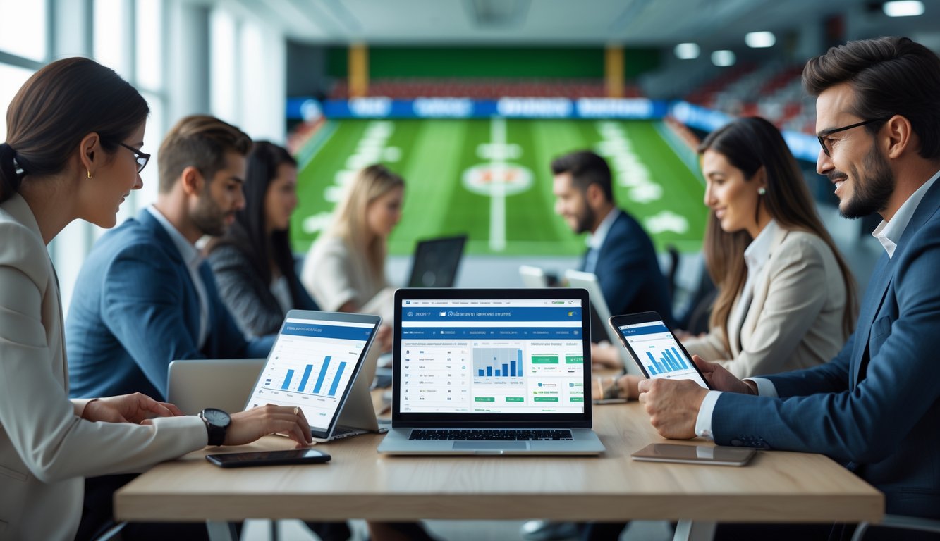 Orang-orang menggunakan perangkat digital di kantor modern dengan latar belakang tema sepak bola, fokus pada taruhan skor tepat.