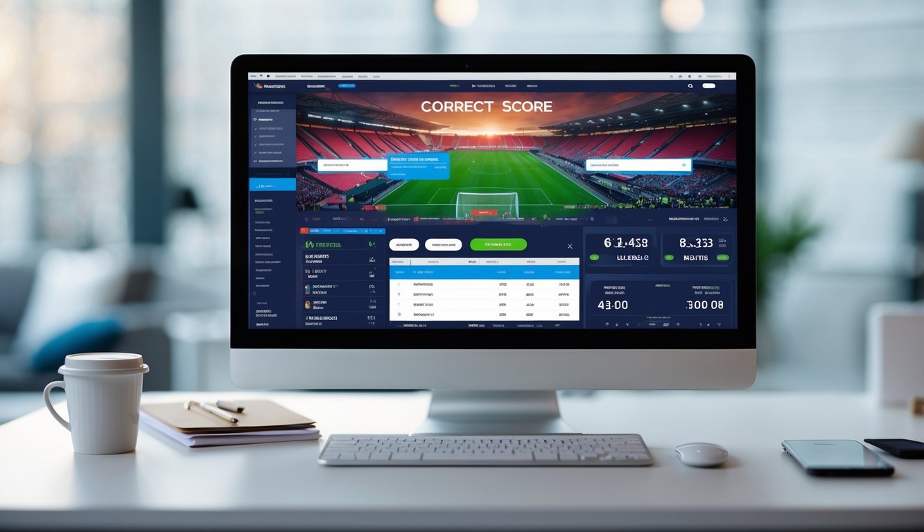 Seorang pengguna sedang melihat layar komputer dengan situs taruhan bola online yang menampilkan skor pertandingan sepak bola.