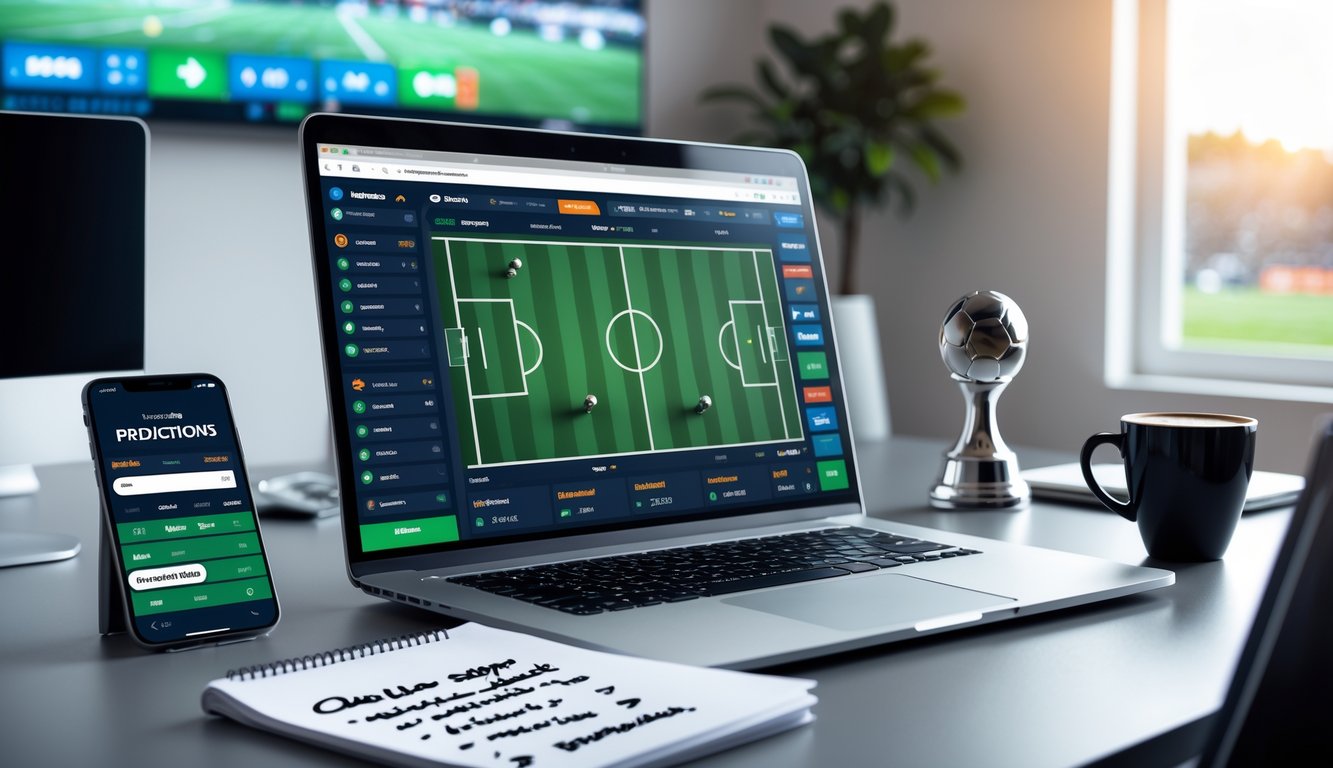 Meja kerja dengan laptop yang menampilkan skor pertandingan sepak bola dan peluang taruhan, smartphone dengan aplikasi taruhan terbuka, serta alat tulis dan cangkir kopi di sekitarnya.