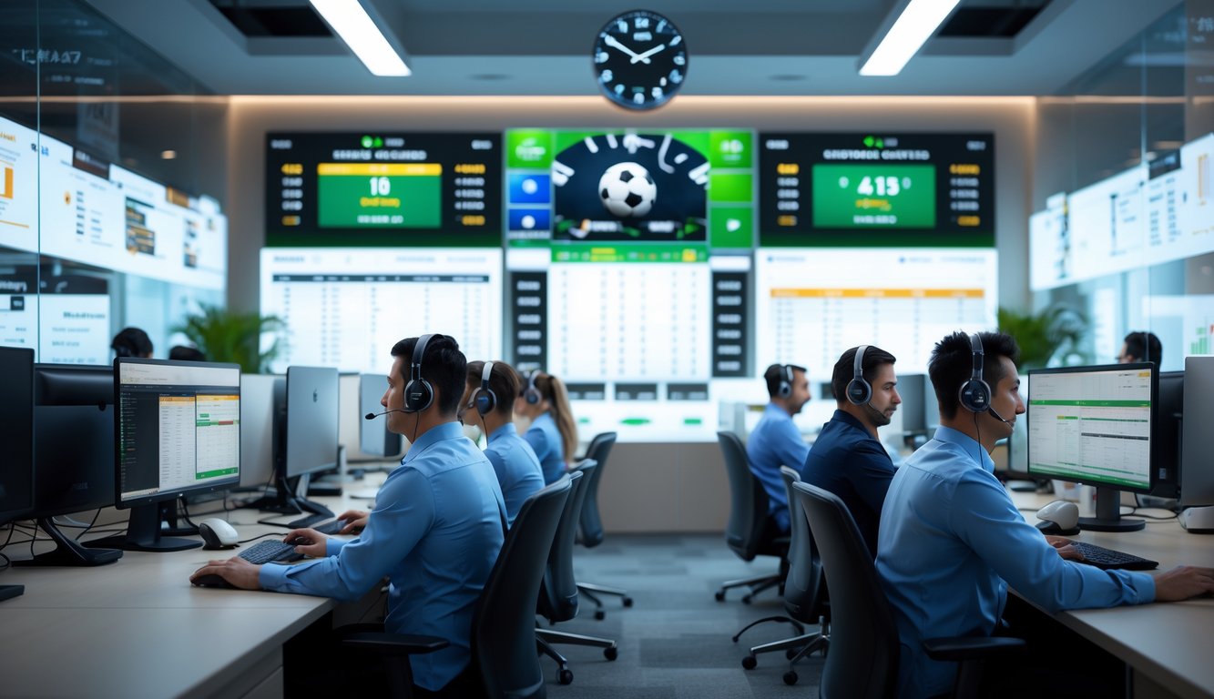 Tim layanan pelanggan bekerja di pusat panggilan dengan monitor yang menampilkan skor olahraga dan peluang taruhan secara real-time.