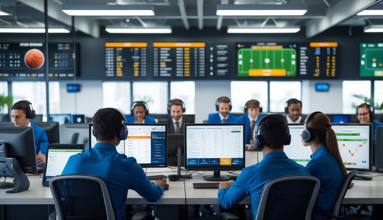 Tim layanan pelanggan sedang bekerja dengan komputer dan headset di kantor modern dengan layar yang menampilkan skor olahraga secara langsung.