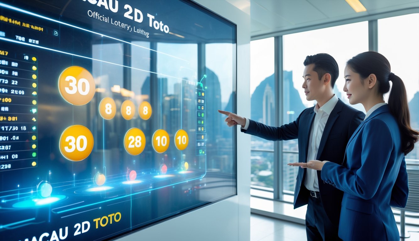 Dua orang profesional sedang menggunakan layar sentuh digital di kantor modern dengan pemandangan kota Macau di latar belakang.