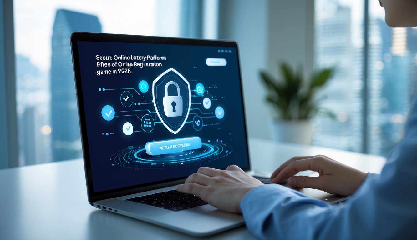 Seseorang menggunakan laptop di kantor dengan pemandangan kota Macau di latar belakang, menggambarkan proses pendaftaran online yang cepat dan aman.