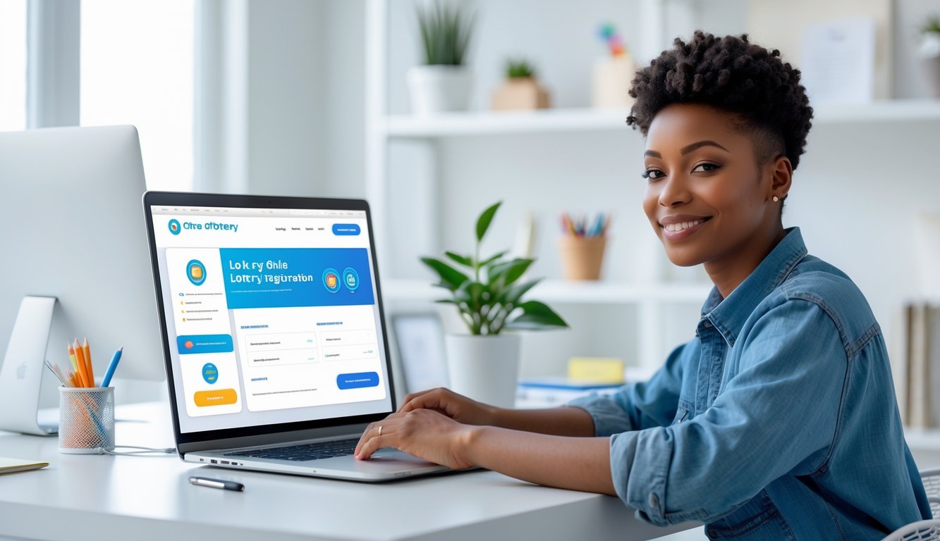 Seseorang sedang duduk di meja dengan laptop, mendaftar secara online untuk lotere resmi dengan suasana yang nyaman dan rapi.