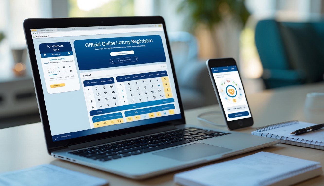 Meja kerja dengan laptop, ponsel, dan buku catatan yang menunjukkan aktivitas daftar dan bermain lotere online.