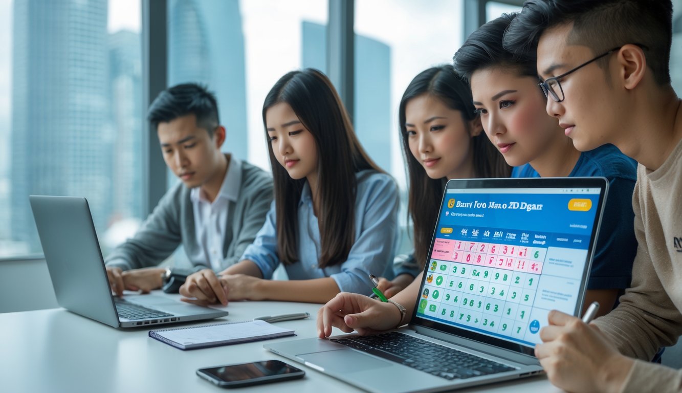 Beberapa orang muda sedang menggunakan laptop di ruang kerja modern dengan pemandangan kota Macau di latar belakang, fokus pada aktivitas terkait undian atau taruhan online.