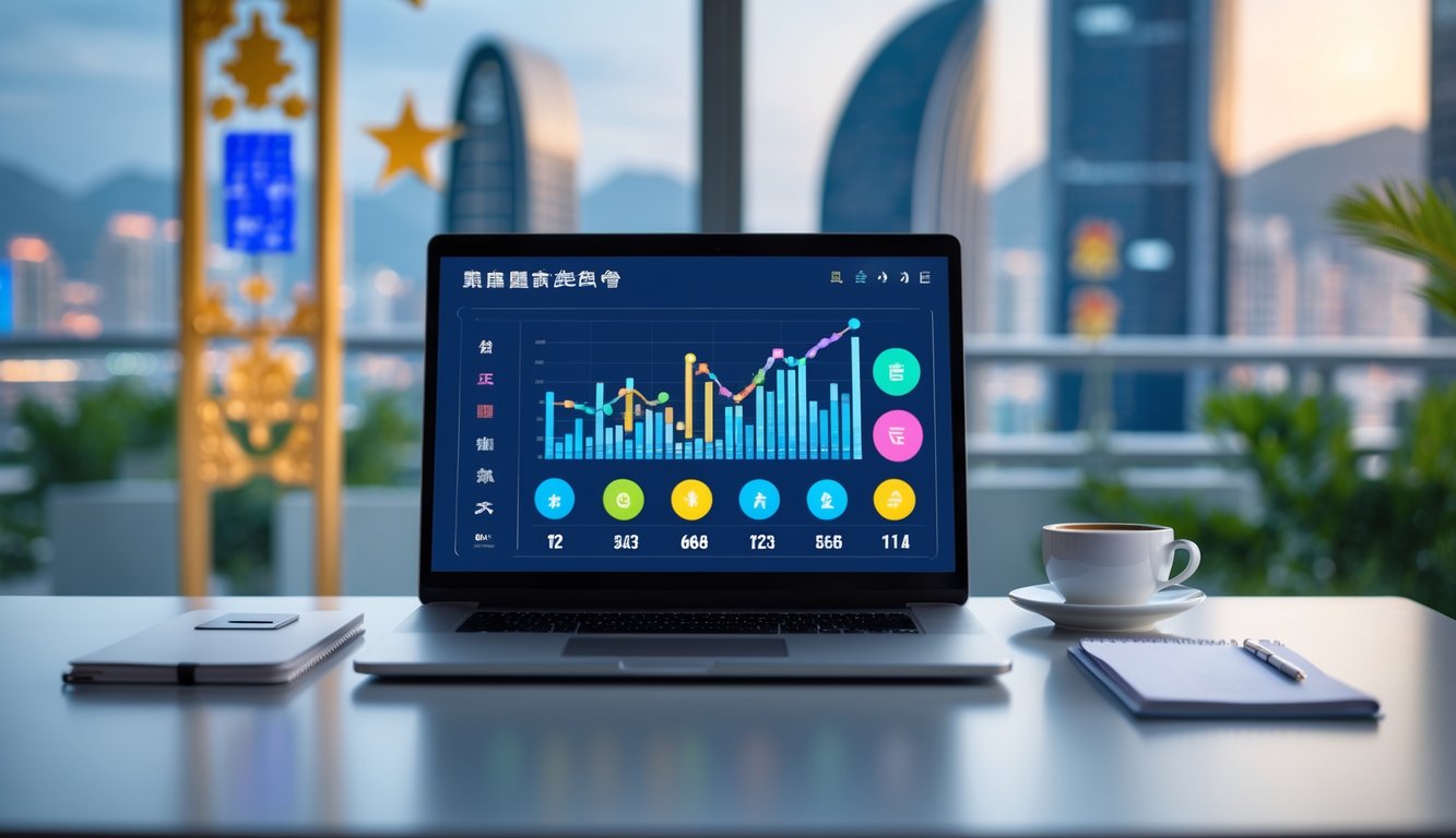 Meja kerja modern dengan laptop yang menampilkan antarmuka digital terkait lotere online, dengan latar belakang dekorasi yang terinspirasi dari Macau.