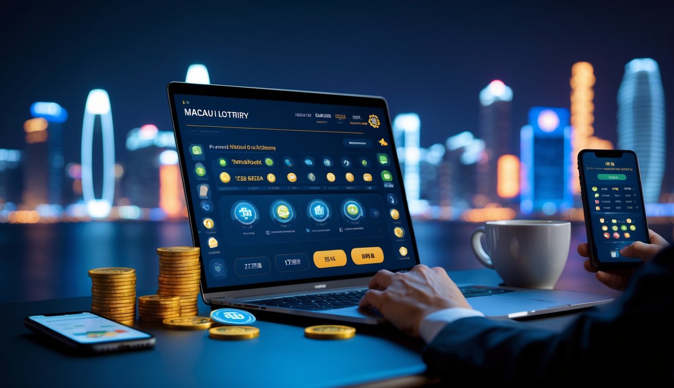 Seseorang menggunakan laptop di meja kerja dengan latar belakang pemandangan kota Macau malam hari yang terang dengan lampu neon.