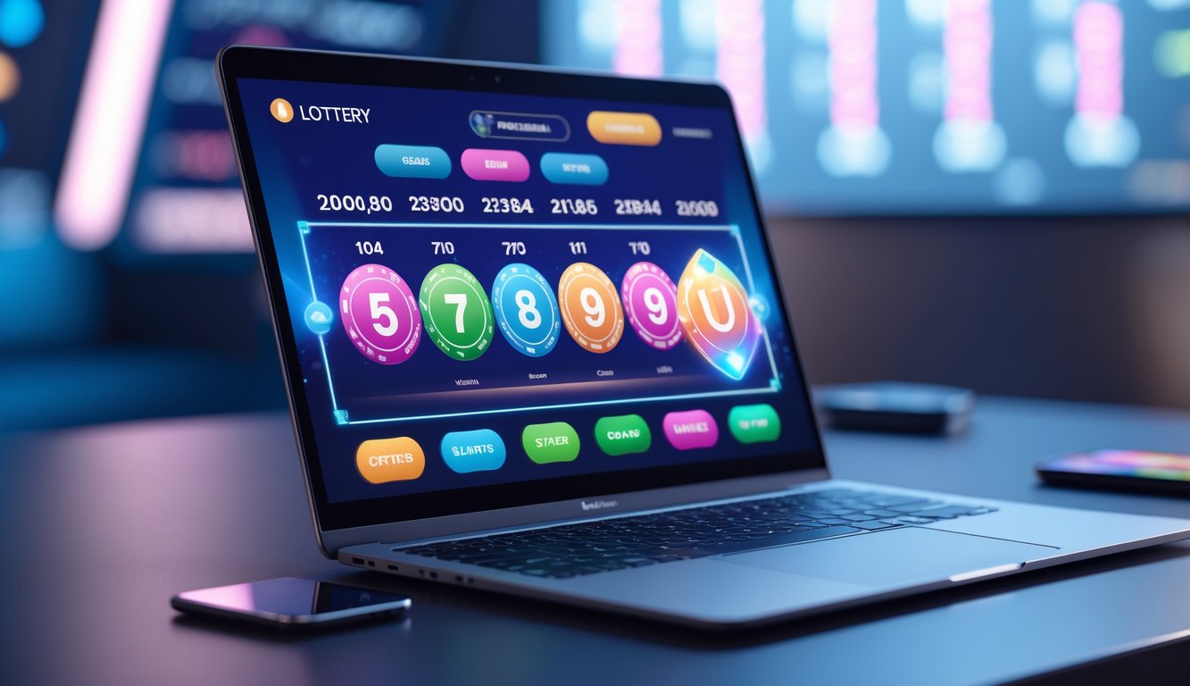 Sebuah laptop atau ponsel pintar menampilkan antarmuka digital dengan angka dan grafik terkait lotre atau taruhan dalam lingkungan permainan yang modern dan aman.