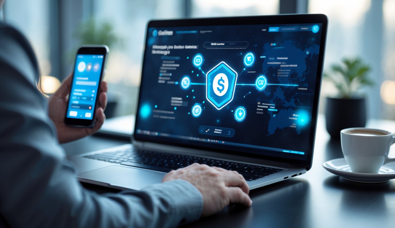 Meja kerja modern dengan laptop yang menampilkan antarmuka permainan atau taruhan online, dikelilingi smartphone dan cangkir kopi.