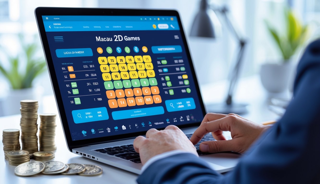 Seseorang menggunakan laptop dengan tampilan situs taruhan online di layar, di meja terdapat tumpukan koin dan suasana ruangan yang terang.