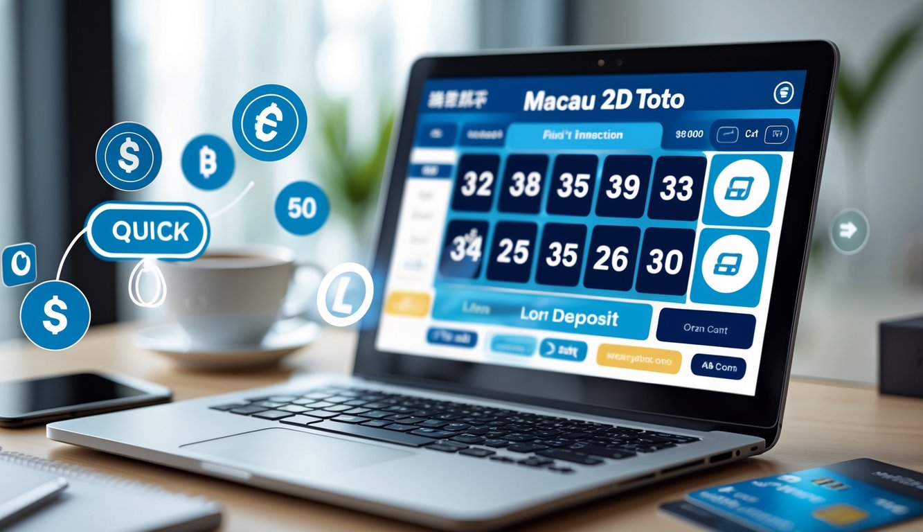 Sebuah meja kerja dengan laptop yang menampilkan antarmuka taruhan online, dikelilingi oleh ikon transaksi digital dan ponsel, menunjukkan konsep taruhan Toto Macau 2D secara online.
