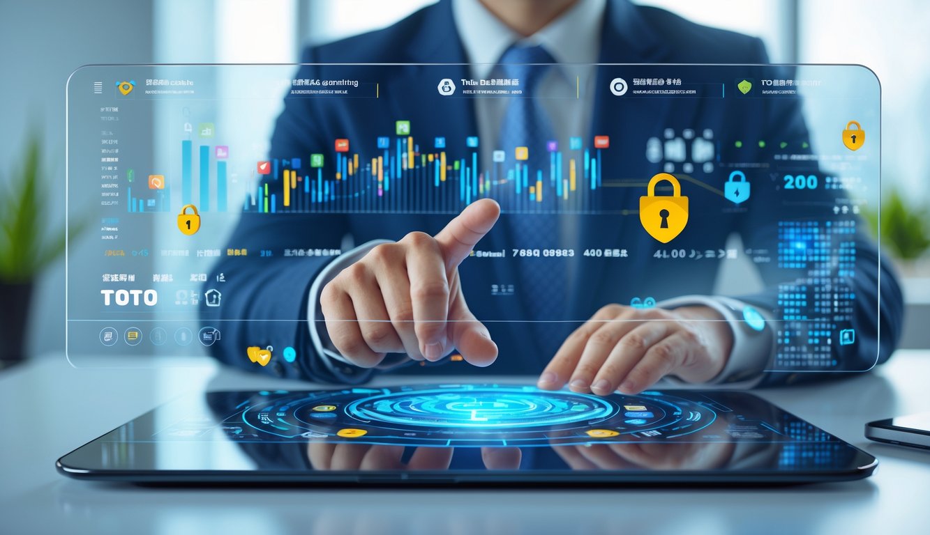 Seseorang menggunakan layar sentuh digital di ruang kantor modern yang terang dengan ikon keamanan dan grafik angka di latar belakang.