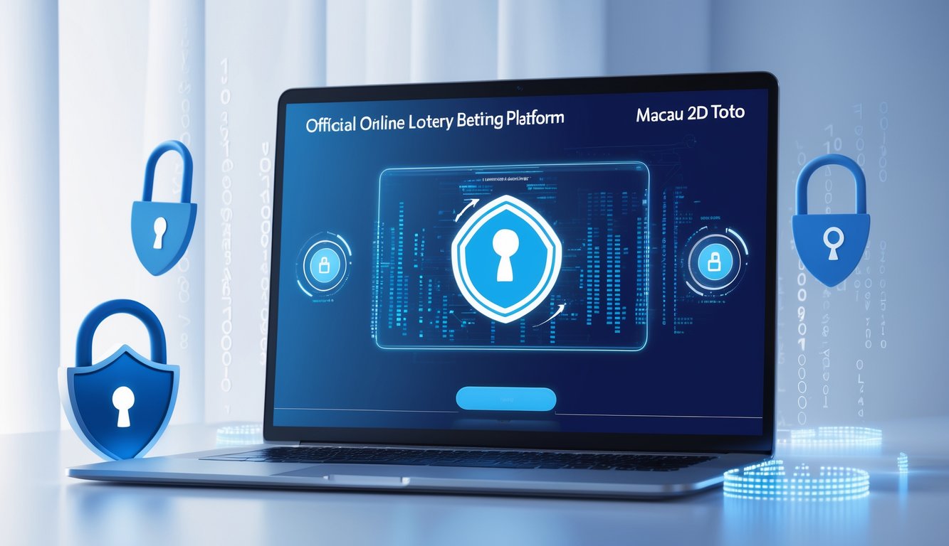 Sebuah komputer modern dengan tampilan antarmuka lotere digital dan simbol keamanan seperti perisai dan gembok di sekitarnya.