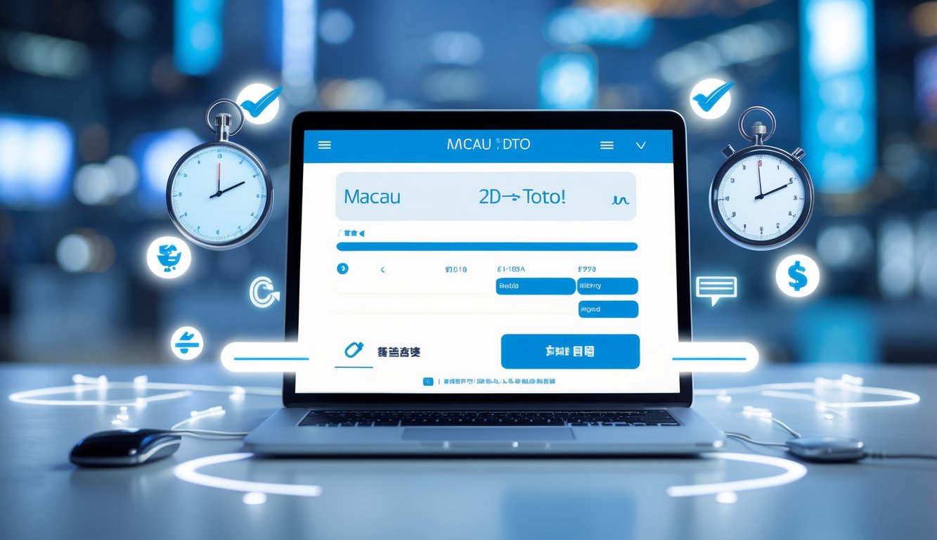 Meja kerja modern dengan komputer yang menampilkan antarmuka taruhan online, dikelilingi simbol kepercayaan dan kecepatan, dengan latar belakang samar pemandangan kota Macau.