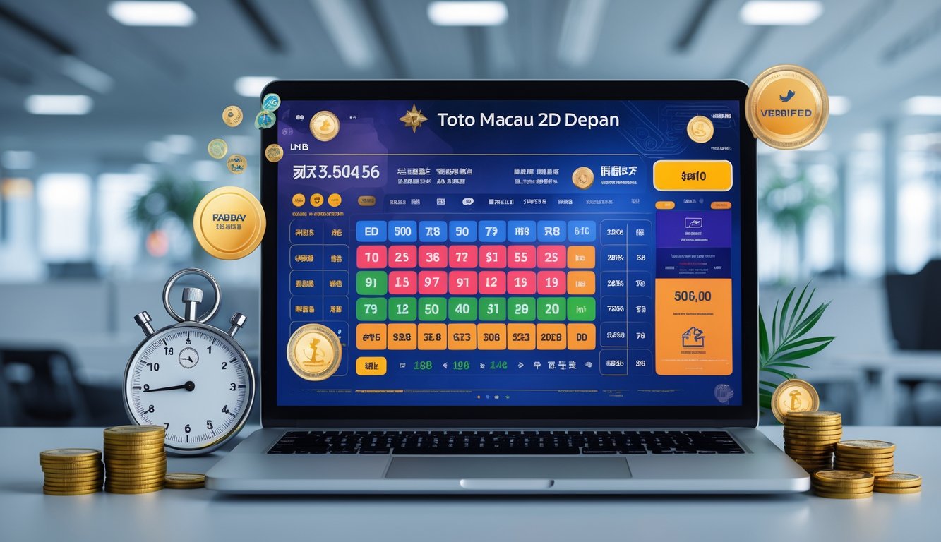 Seorang profesional menggunakan laptop di meja kerja dengan tampilan antarmuka taruhan online yang berwarna-warni dan elemen simbol kepercayaan dan kecepatan di sekitarnya.