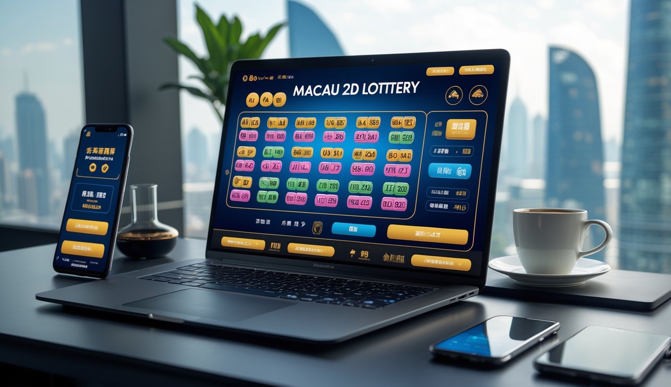 Meja kerja modern dengan laptop menampilkan antarmuka permainan lotere online dan pemandangan kota Macau di latar belakang.