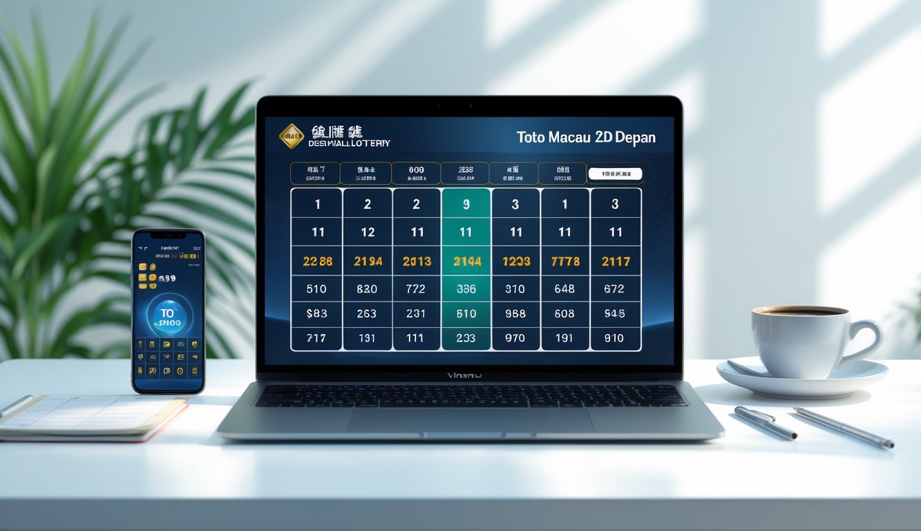 Meja kerja modern dengan laptop yang menampilkan antarmuka lotere digital, ponsel pintar, cangkir kopi, dan buku catatan di sekitarnya.