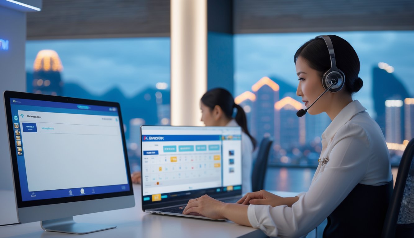 Seorang petugas layanan pelanggan dengan headset membantu klien di depan komputer dalam suasana kantor modern dengan latar belakang pemandangan kota Macau.