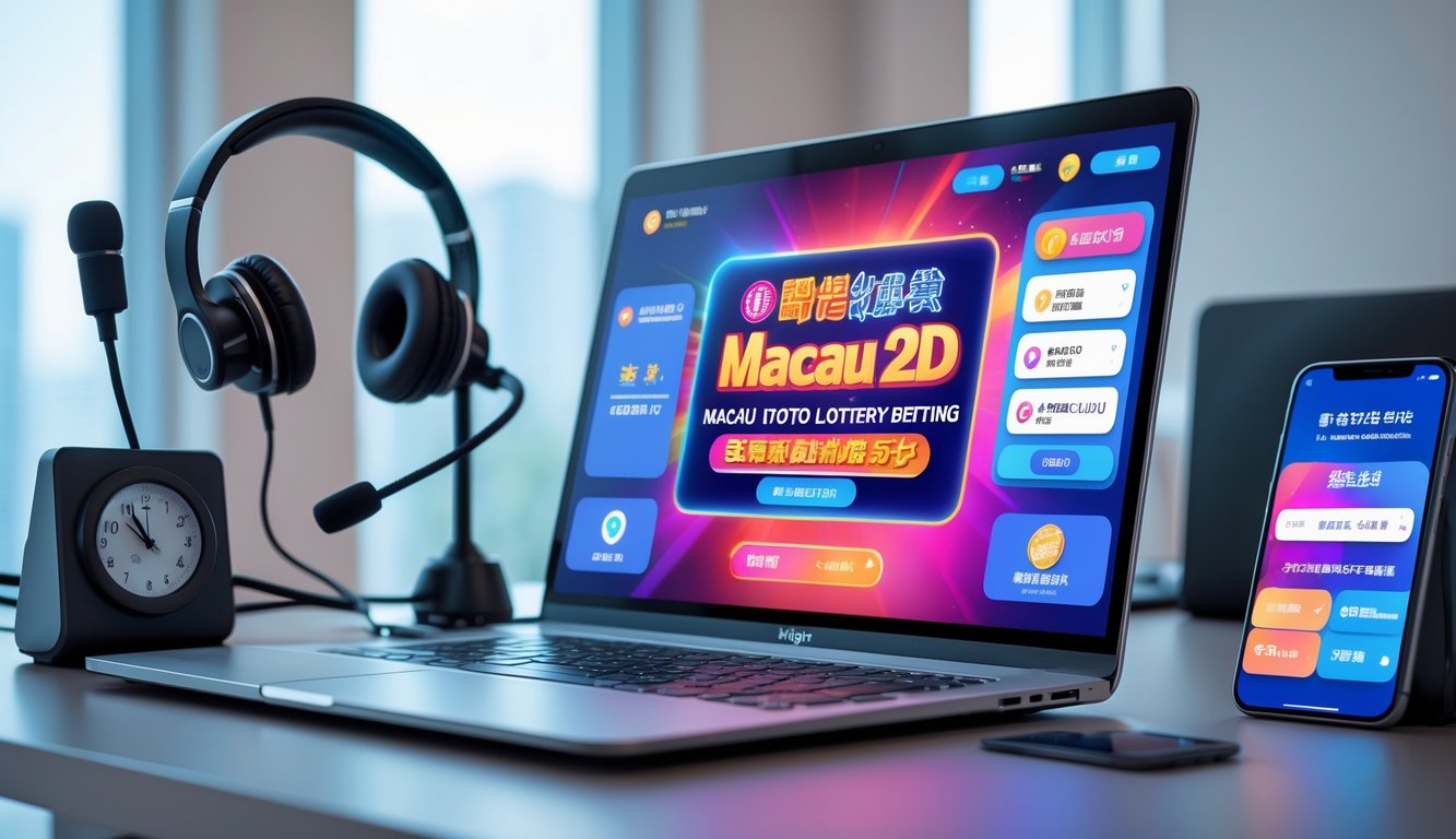 Seorang pengguna duduk di depan komputer dengan layar menampilkan platform taruhan Toto Macau 2D online, di meja terdapat headset dan ponsel, menandakan layanan pelanggan 24 jam nonstop.