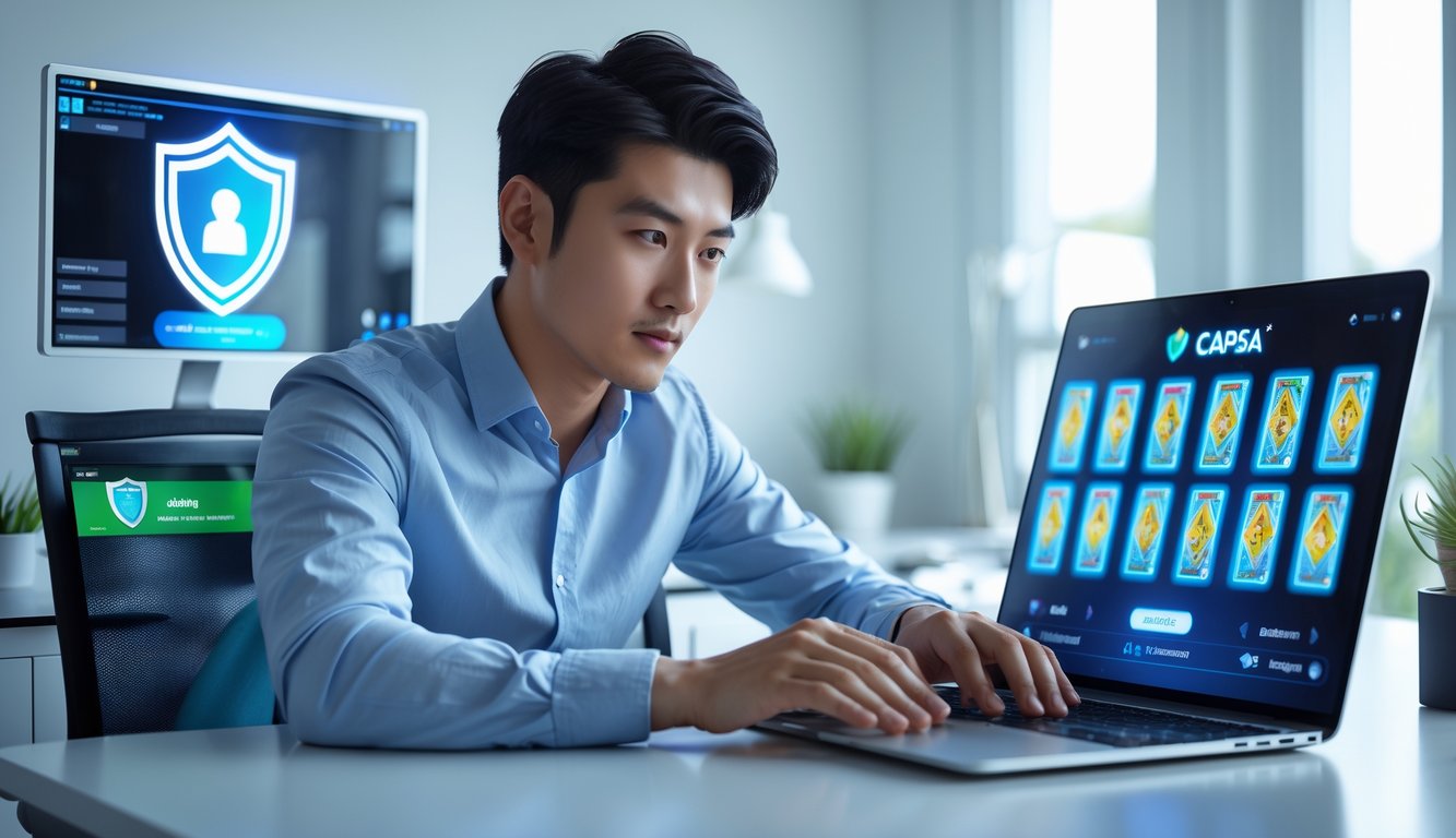 Seorang pria muda duduk di depan laptop di ruang kerja rumah yang terang, fokus pada permainan kartu digital Capsa di layar.