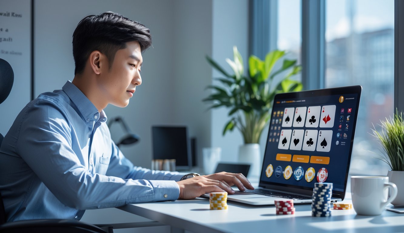 Seorang pria muda duduk di meja dengan laptop terbuka dan kartu remi serta chip poker di depannya, tampak fokus menggunakan platform permainan kartu online.