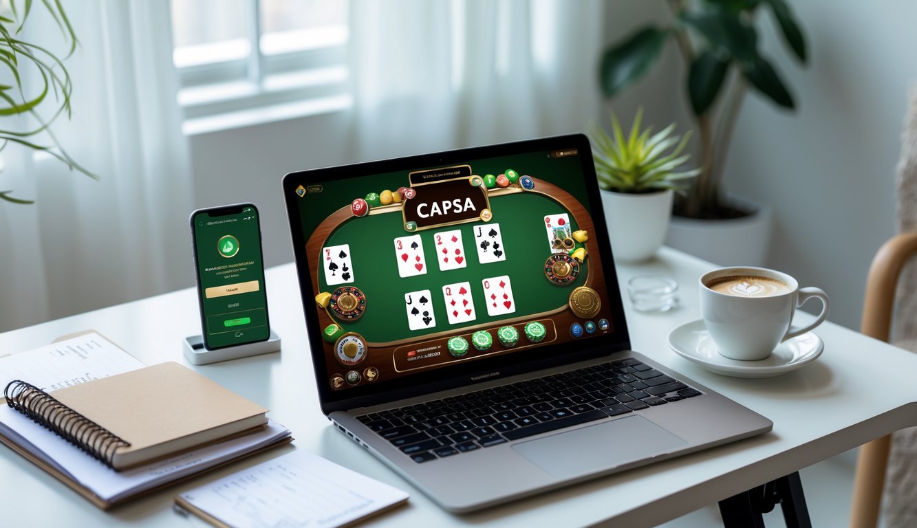 Seorang pengguna sedang bermain judi Capsa online di laptop di ruang kerja yang rapi dengan ponsel dan secangkir kopi di meja.