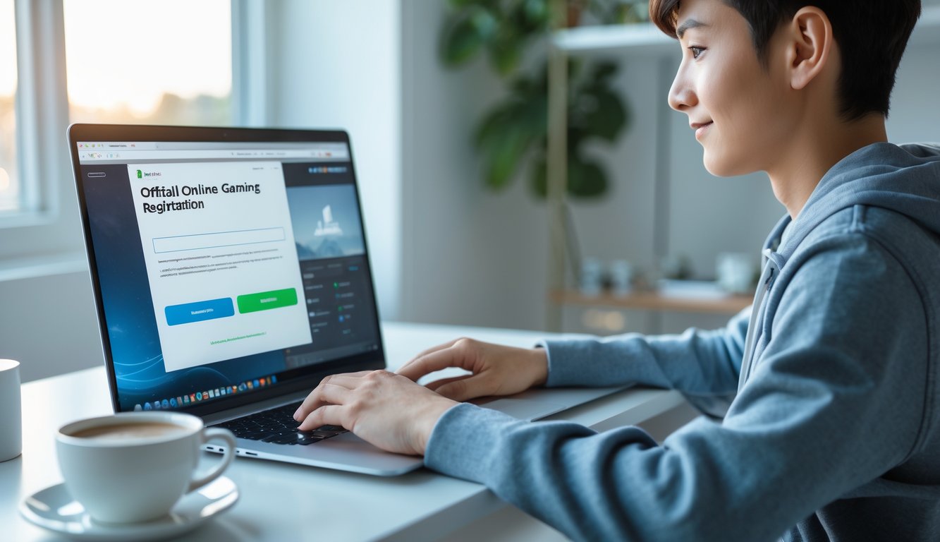 Seseorang sedang menggunakan laptop di meja kerja yang rapi dengan cahaya alami, menunjukkan proses pendaftaran online yang mudah.