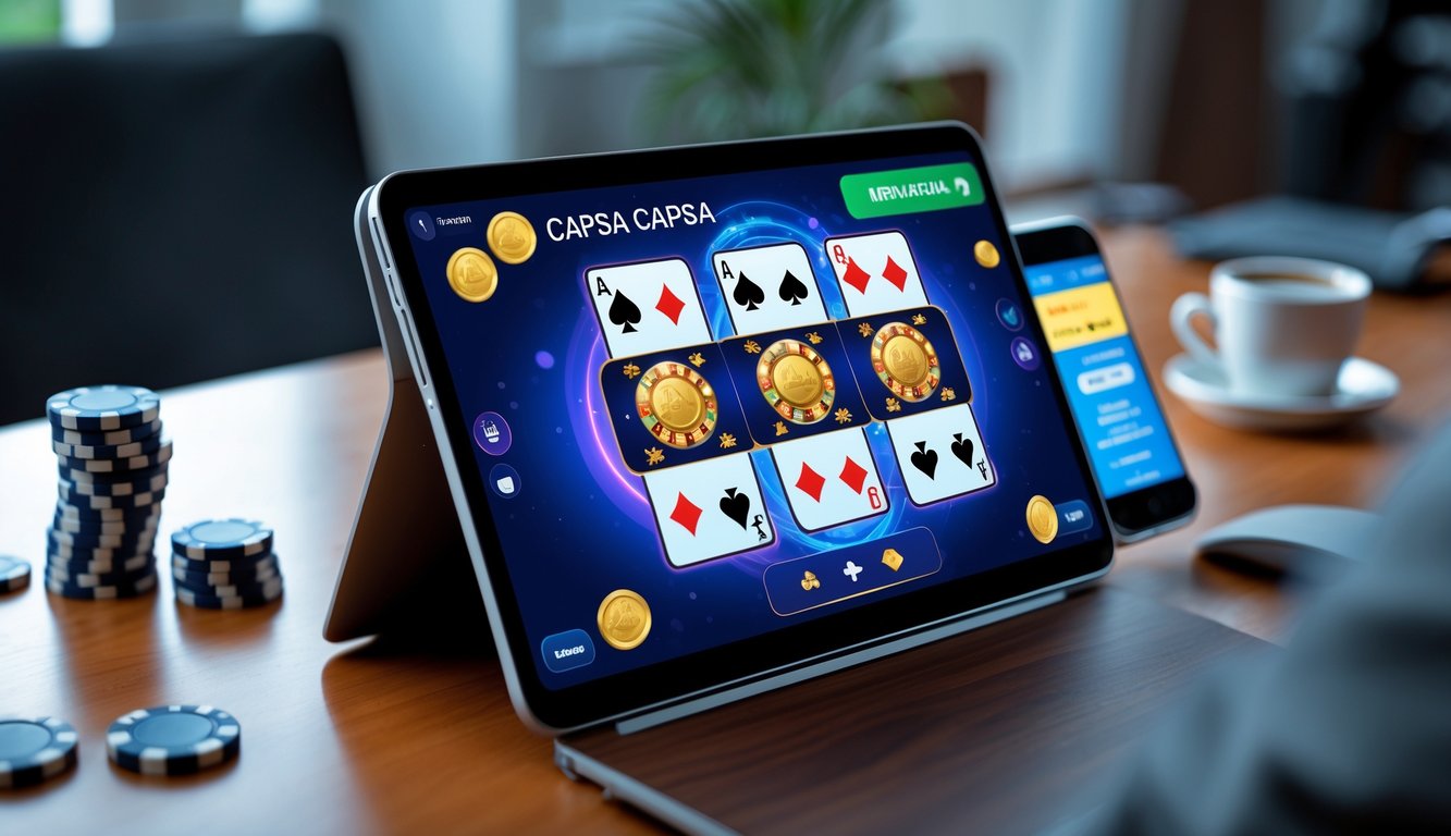 Tampilan dekat layar perangkat digital yang menampilkan permainan Capsa online dengan kartu dan chip, di atas meja kayu dengan tumpukan chip dan ponsel di sampingnya.