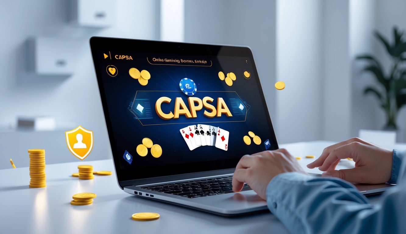 Seorang pengguna sedang bermain permainan kartu Capsa secara online di laptop di ruang kerja yang bersih dan terang.