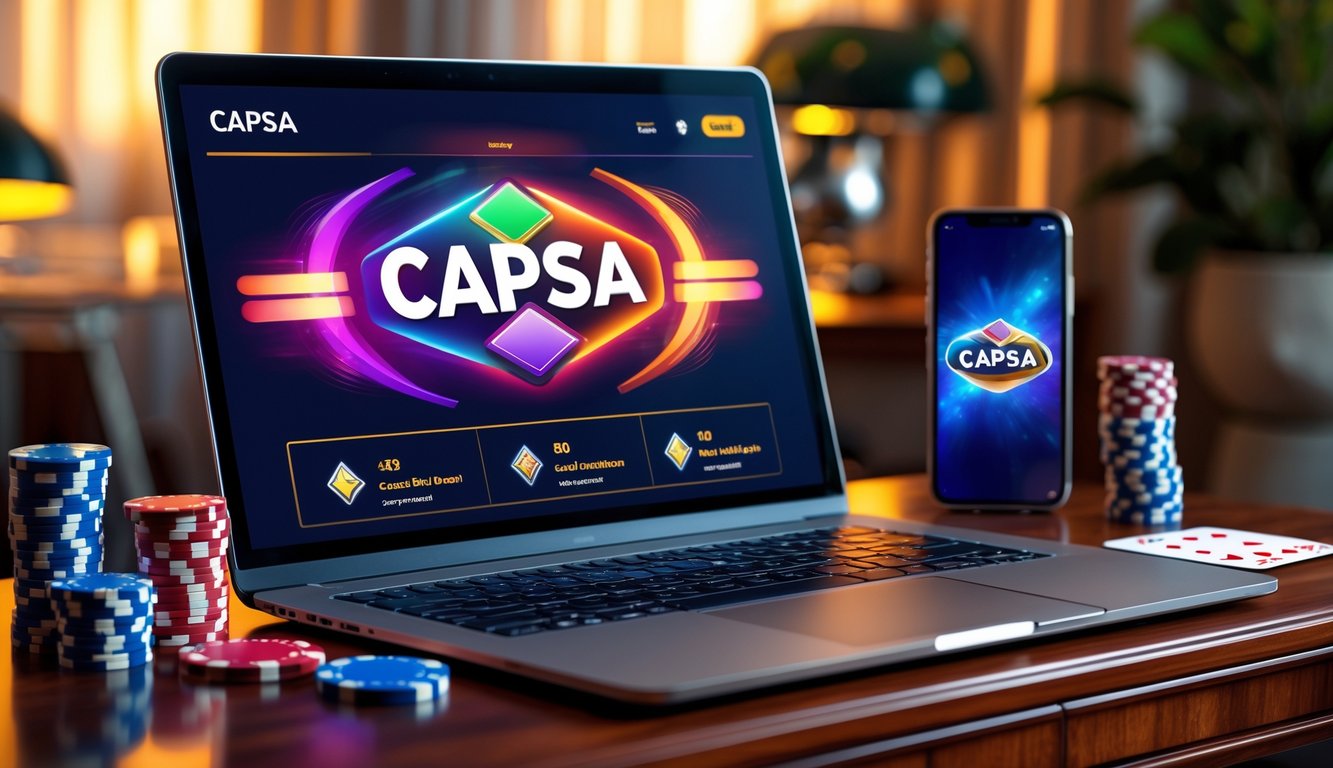 Meja kerja dengan laptop menampilkan permainan Capsa online, dikelilingi oleh chip poker dan kartu remi, dengan ponsel di sampingnya.