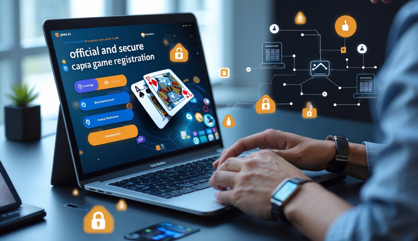 Seseorang menggunakan laptop dengan tampilan permainan kartu Capsa online di meja kerja modern.