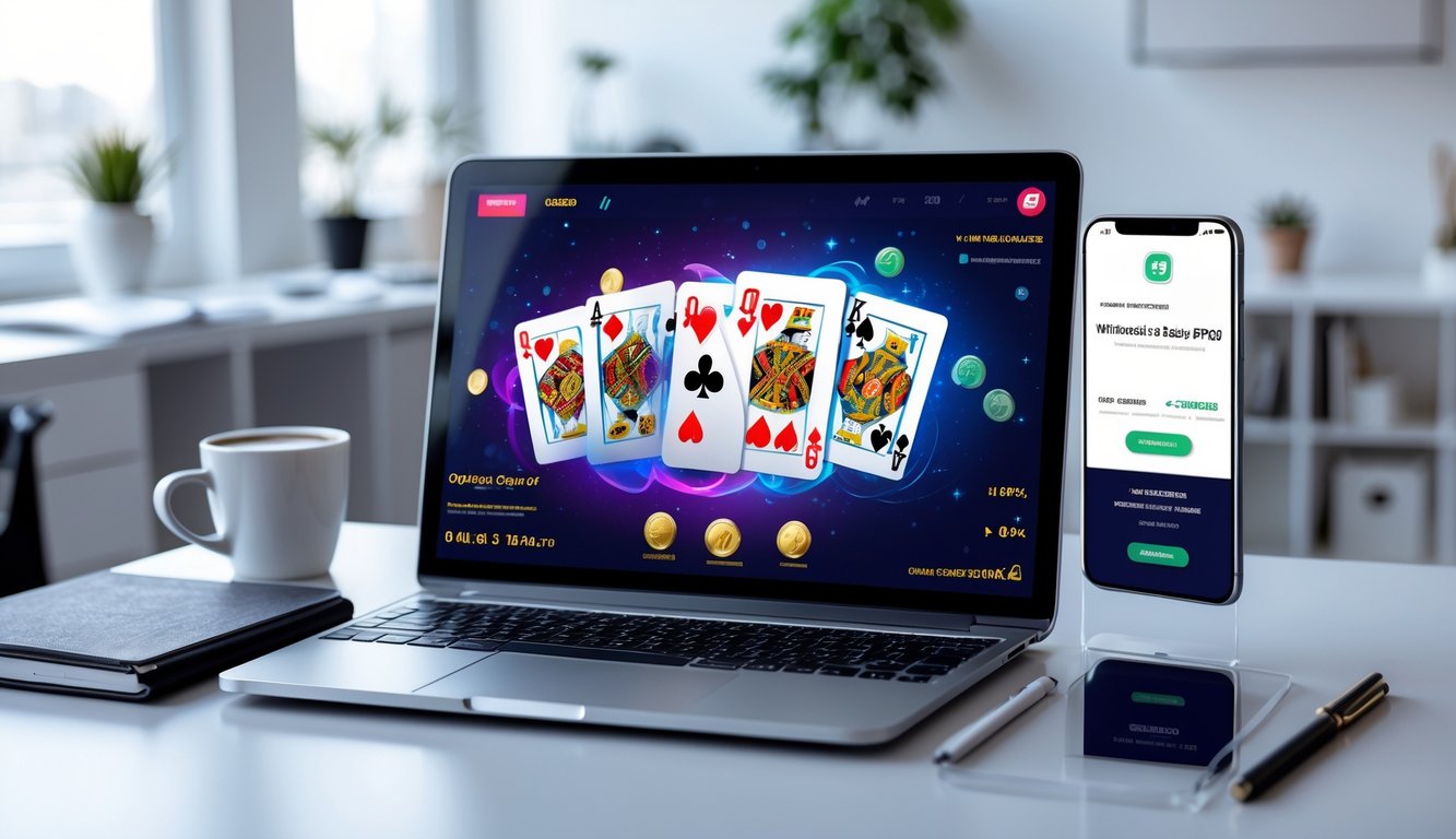 Meja kerja modern dengan laptop yang menampilkan permainan kartu digital dan ponsel yang menunjukkan konfirmasi transaksi cepat.
